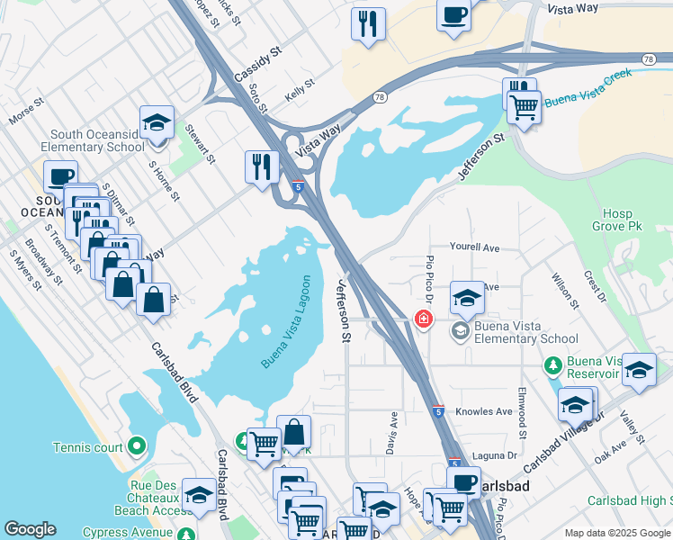 map of restaurants, bars, coffee shops, grocery stores, and more near 2355 Jefferson Street in Carlsbad