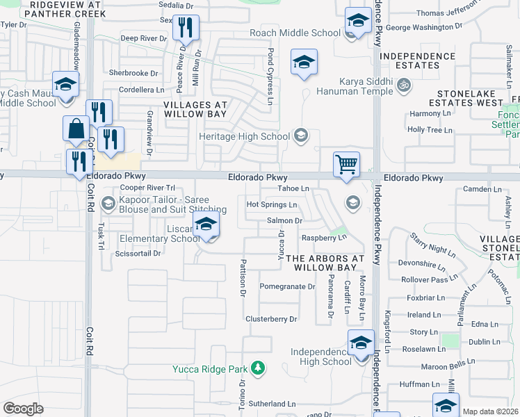 map of restaurants, bars, coffee shops, grocery stores, and more near 13791 Hot Springs Ln in Frisco