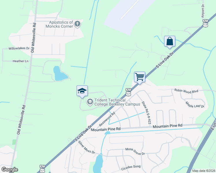 map of restaurants, bars, coffee shops, grocery stores, and more near 450 Sun Valley Lane in Moncks Corner