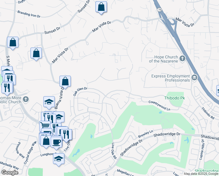 map of restaurants, bars, coffee shops, grocery stores, and more near 1350 Lupine Hills Drive in Vista