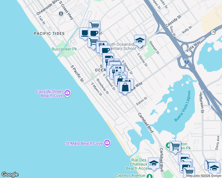 map of restaurants, bars, coffee shops, grocery stores, and more near 1909 South Tremont Street in Oceanside
