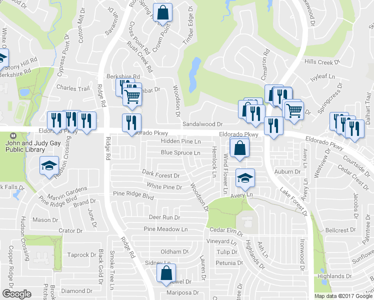 map of restaurants, bars, coffee shops, grocery stores, and more near 5708 Blue Spruce Lane in McKinney