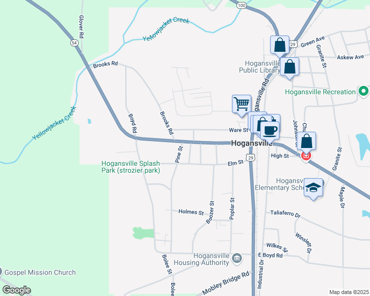 map of restaurants, bars, coffee shops, grocery stores, and more near 104 Pine Street in Hogansville