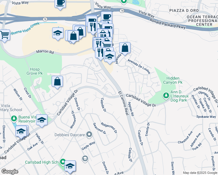 map of restaurants, bars, coffee shops, grocery stores, and more near 2300 Rising Glen Way in Carlsbad