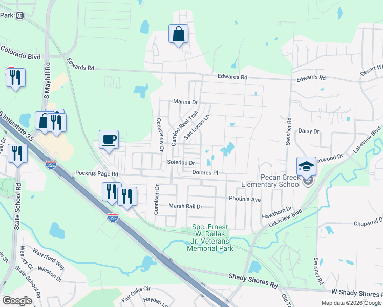 map of restaurants, bars, coffee shops, grocery stores, and more near Galante Lane in Denton