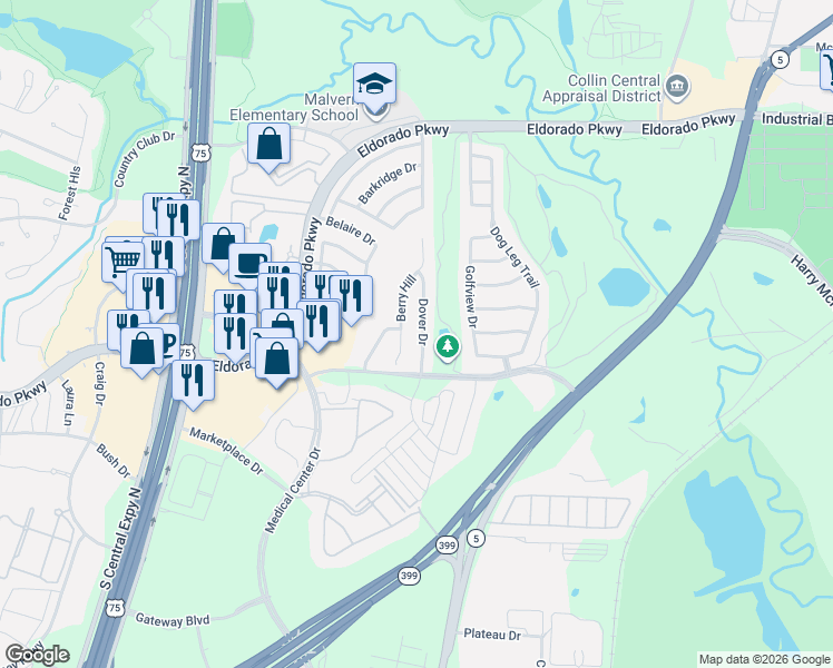 map of restaurants, bars, coffee shops, grocery stores, and more near 2908 Dover Drive in McKinney