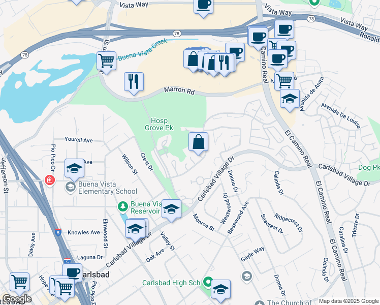 map of restaurants, bars, coffee shops, grocery stores, and more near 2805 Forest View Way in Carlsbad