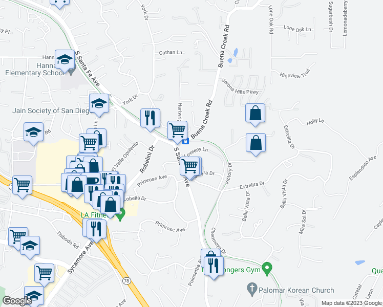 map of restaurants, bars, coffee shops, grocery stores, and more near 2130 Abelia Lane in Vista