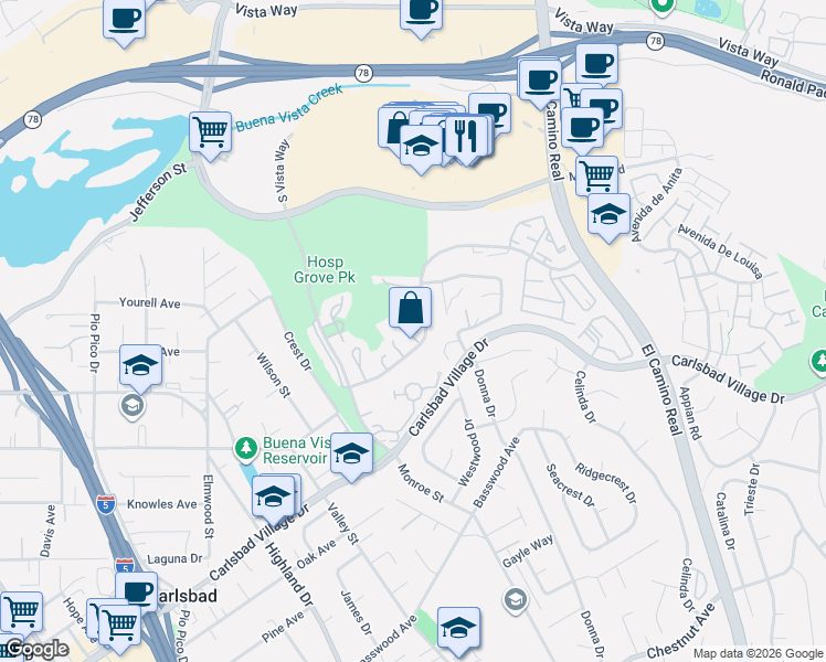 map of restaurants, bars, coffee shops, grocery stores, and more near 2830 Forest View Way in Carlsbad