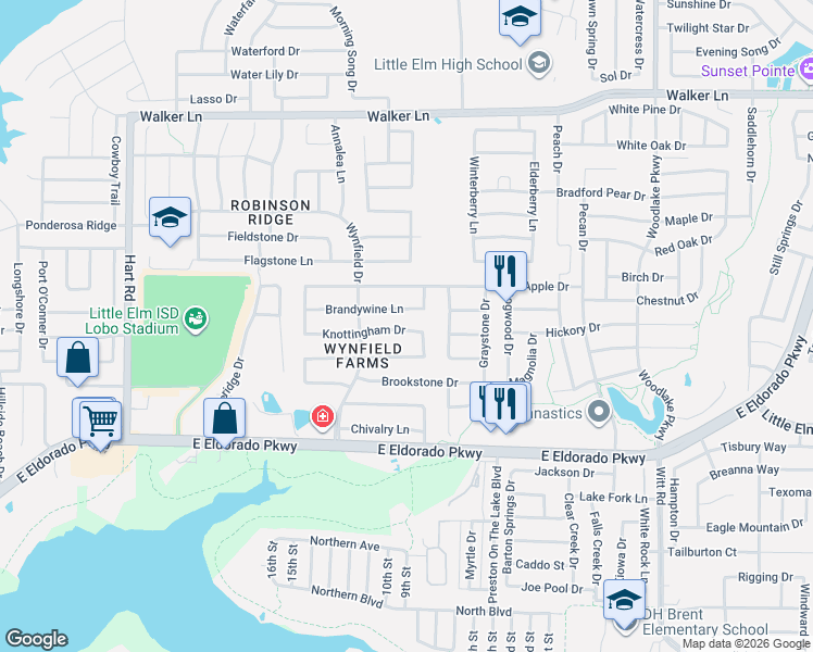 map of restaurants, bars, coffee shops, grocery stores, and more near 1566 Knottingham Drive in Little Elm