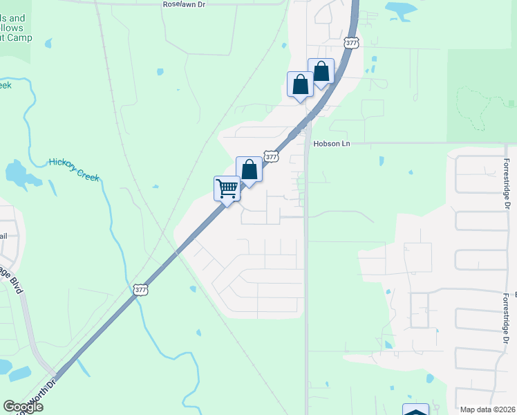 map of restaurants, bars, coffee shops, grocery stores, and more near 1101 Central Village Drive in Denton