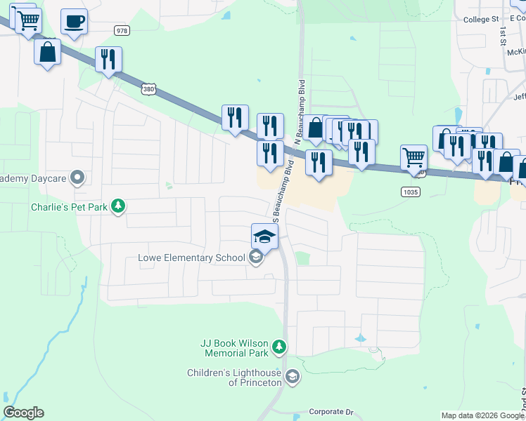 map of restaurants, bars, coffee shops, grocery stores, and more near 815 Blackhawk Drive in Princeton