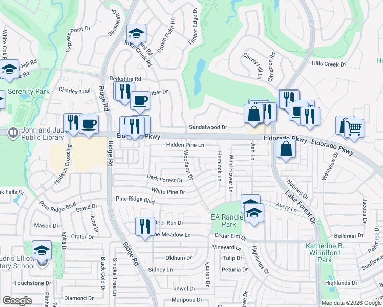 map of restaurants, bars, coffee shops, grocery stores, and more near 5708 Blue Spruce Lane in McKinney