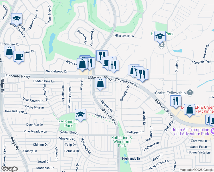 map of restaurants, bars, coffee shops, grocery stores, and more near 4808 Heather Glen Trail in McKinney