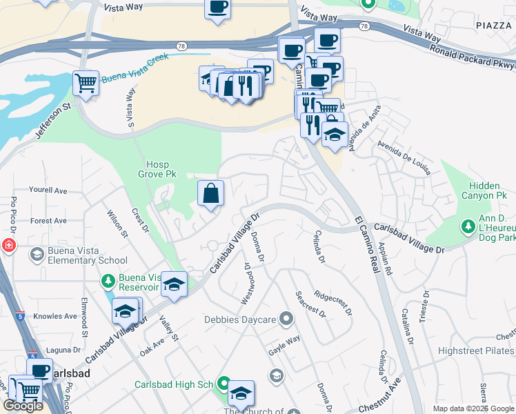 map of restaurants, bars, coffee shops, grocery stores, and more near 2923 Austin Terrace in Carlsbad