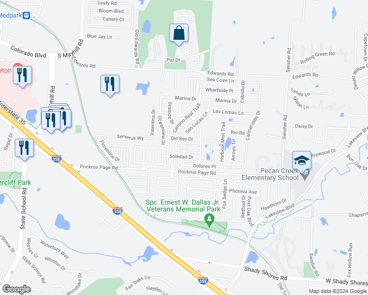 map of restaurants, bars, coffee shops, grocery stores, and more near 3716 San Lucas Lane in Denton