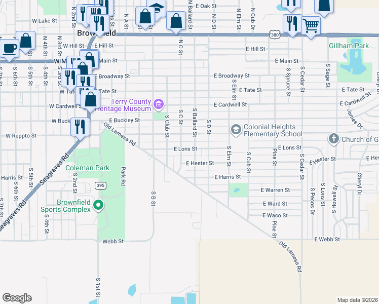 map of restaurants, bars, coffee shops, grocery stores, and more near 701 South C Street in Brownfield