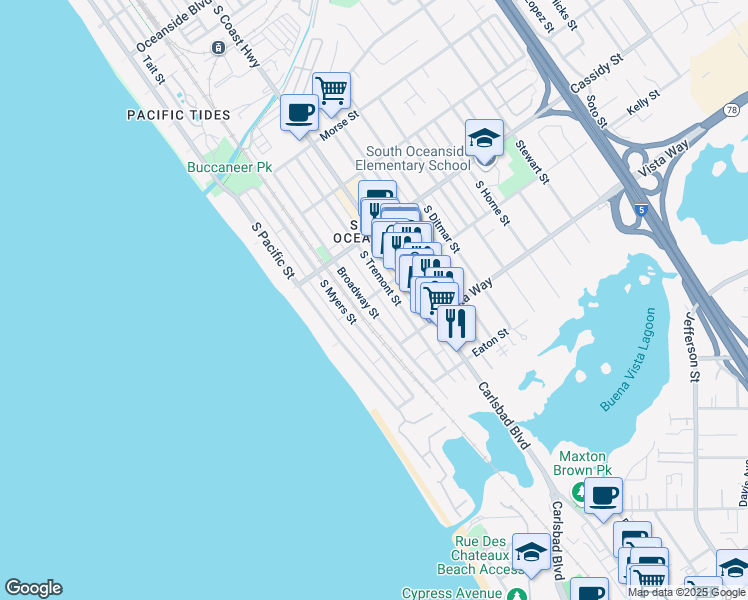 map of restaurants, bars, coffee shops, grocery stores, and more near 1900 Broadway Street in Oceanside