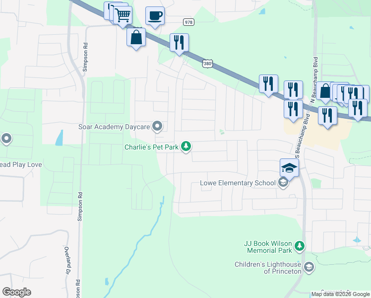 map of restaurants, bars, coffee shops, grocery stores, and more near 343 Soap Tree Drive in Princeton
