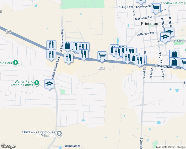 map of restaurants, bars, coffee shops, grocery stores, and more near County Road 1035 in Princeton