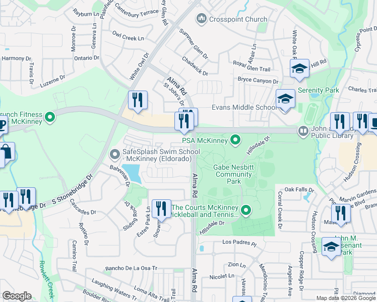 map of restaurants, bars, coffee shops, grocery stores, and more near 3181 Alma Road in McKinney