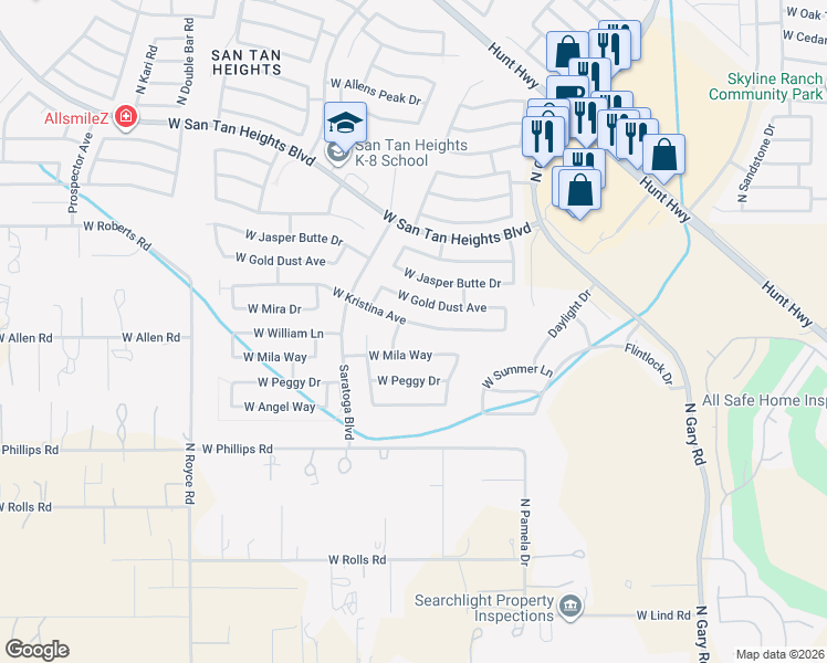 map of restaurants, bars, coffee shops, grocery stores, and more near 2307 West Kristina Avenue in San Tan Valley