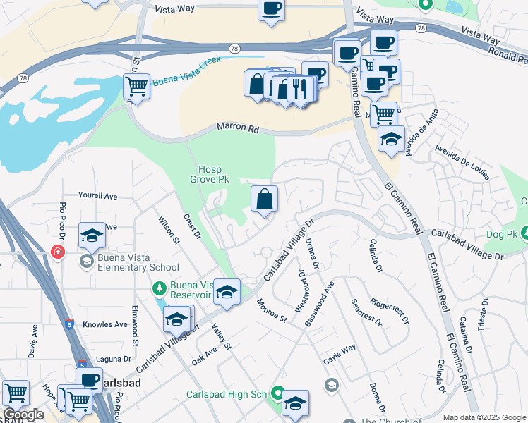 map of restaurants, bars, coffee shops, grocery stores, and more near 2818 Forest View Way in Carlsbad