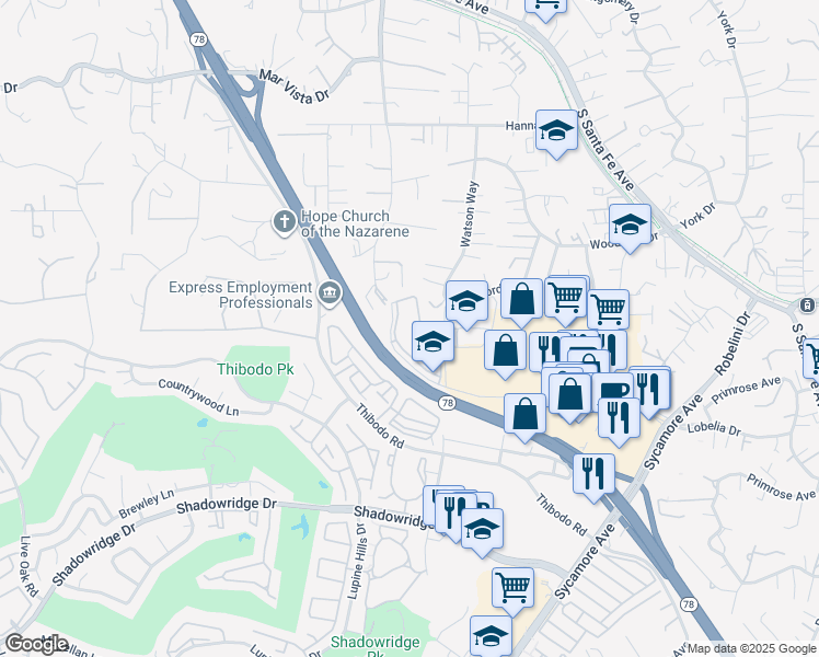 map of restaurants, bars, coffee shops, grocery stores, and more near 2152 University Drive in Vista