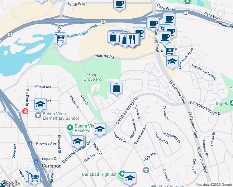map of restaurants, bars, coffee shops, grocery stores, and more near 2830 Forest View Way in Carlsbad