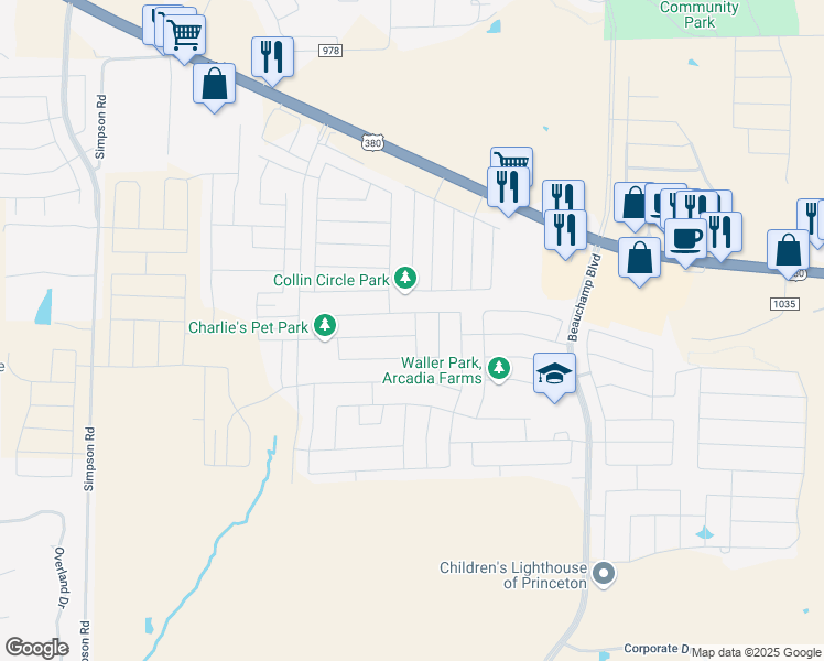 map of restaurants, bars, coffee shops, grocery stores, and more near 503 Hackberry Street in Princeton