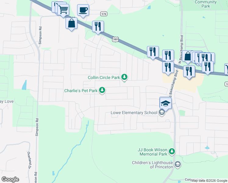 map of restaurants, bars, coffee shops, grocery stores, and more near 1-49 Collin Cir in Princeton