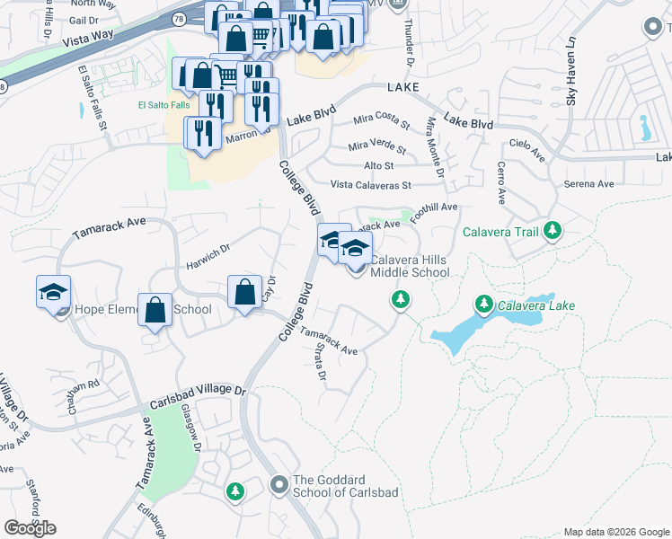 map of restaurants, bars, coffee shops, grocery stores, and more near 4100 Tamarack Avenue in Carlsbad