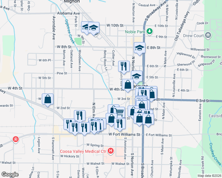 map of restaurants, bars, coffee shops, grocery stores, and more near 327 West 4th Street in Sylacauga