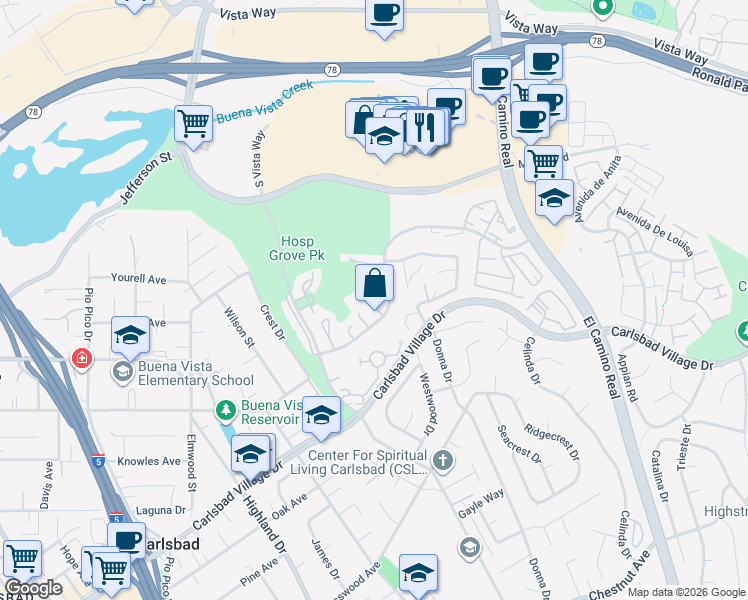 map of restaurants, bars, coffee shops, grocery stores, and more near 2830 Forest View Way in Carlsbad