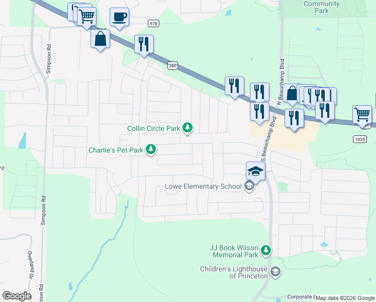 map of restaurants, bars, coffee shops, grocery stores, and more near 503 Hackberry Street in Princeton