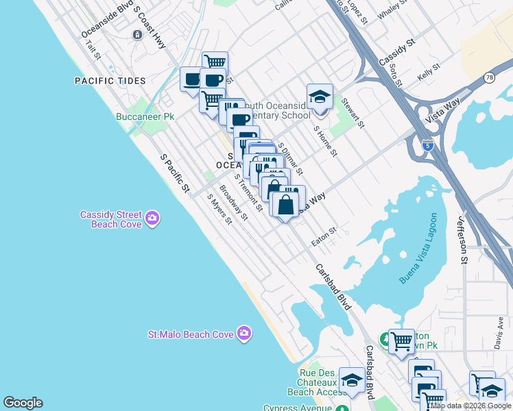 map of restaurants, bars, coffee shops, grocery stores, and more near 1911 South Tremont Street in Oceanside