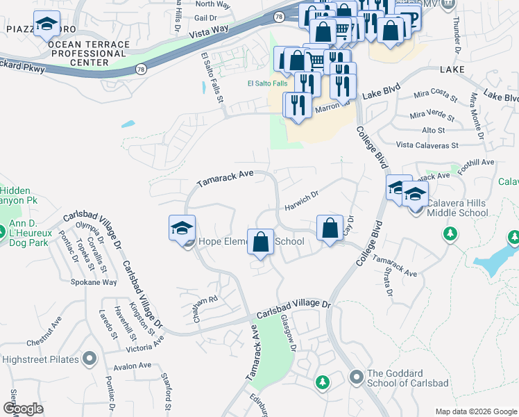 map of restaurants, bars, coffee shops, grocery stores, and more near 3626 Harwich Drive in Carlsbad