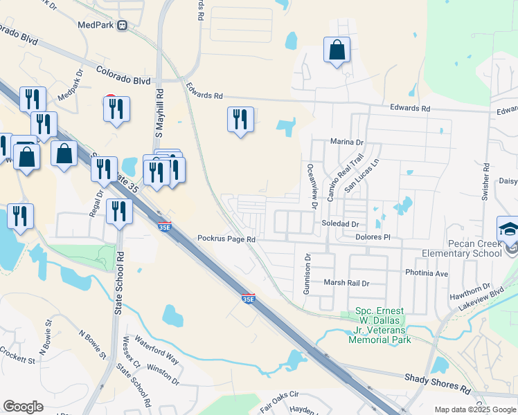 map of restaurants, bars, coffee shops, grocery stores, and more near 3808 Windy Point Drive in Denton