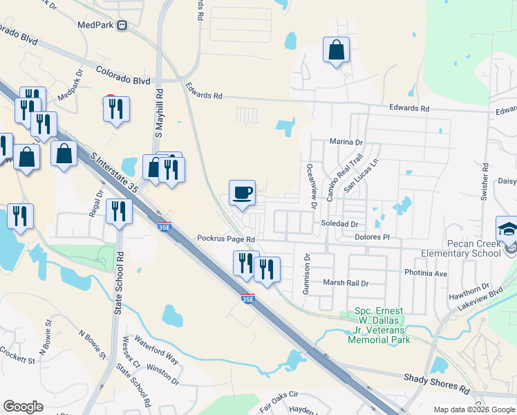 map of restaurants, bars, coffee shops, grocery stores, and more near 3808 Windy Point Drive in Denton