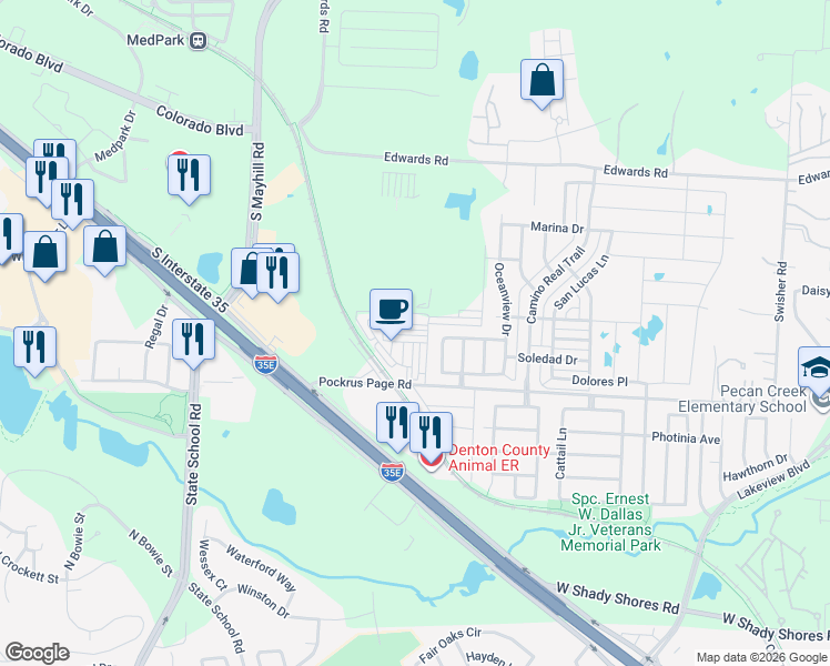 map of restaurants, bars, coffee shops, grocery stores, and more near 3808 Windy Point Drive in Denton