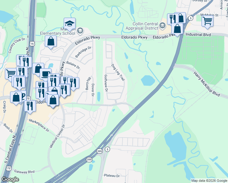 map of restaurants, bars, coffee shops, grocery stores, and more near 801 Hardwood Drive in McKinney
