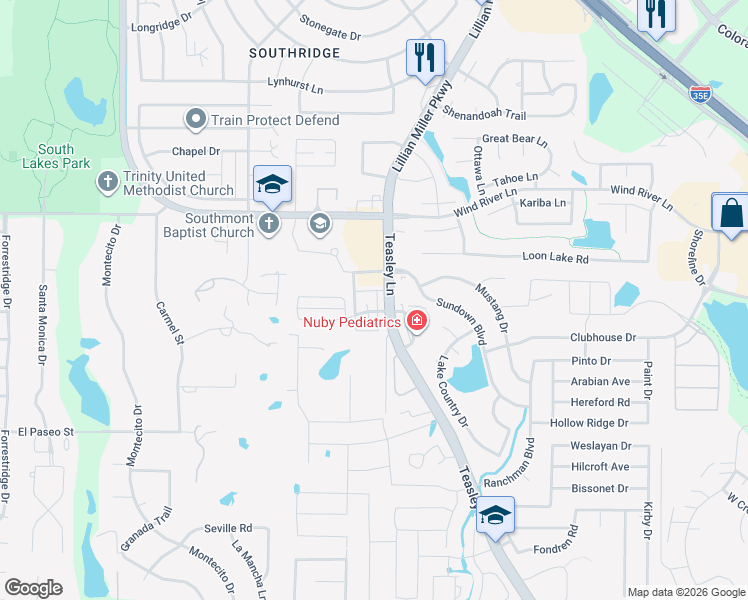 map of restaurants, bars, coffee shops, grocery stores, and more near 1173 Bent Oaks Court in Denton