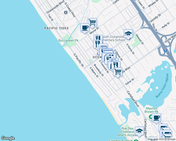 map of restaurants, bars, coffee shops, grocery stores, and more near 1816 South Pacific Street in Oceanside