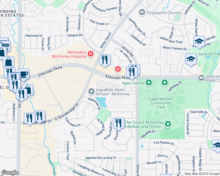 map of restaurants, bars, coffee shops, grocery stores, and more near 3075 Willow Grove Boulevard in McKinney