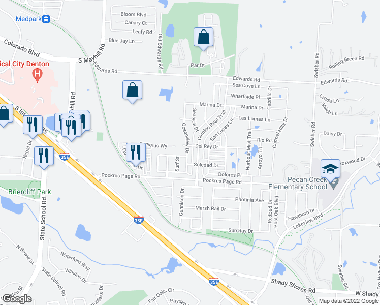 map of restaurants, bars, coffee shops, grocery stores, and more near 3805 Oceanview Drive in Denton