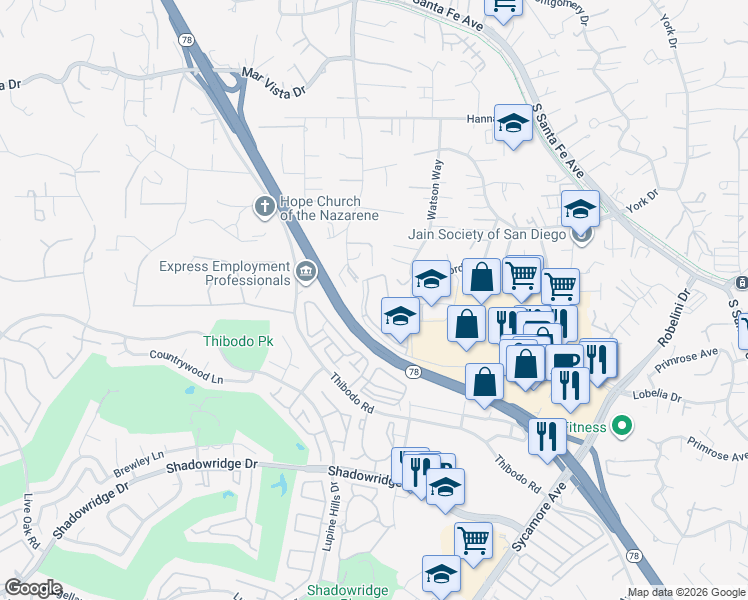 map of restaurants, bars, coffee shops, grocery stores, and more near 2152 University Drive in Vista