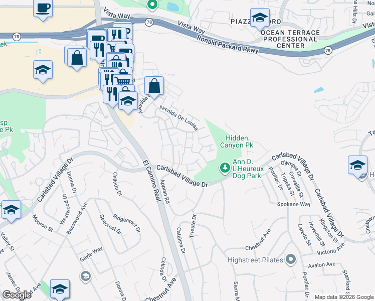 map of restaurants, bars, coffee shops, grocery stores, and more near 2705 Via Cardel in Carlsbad
