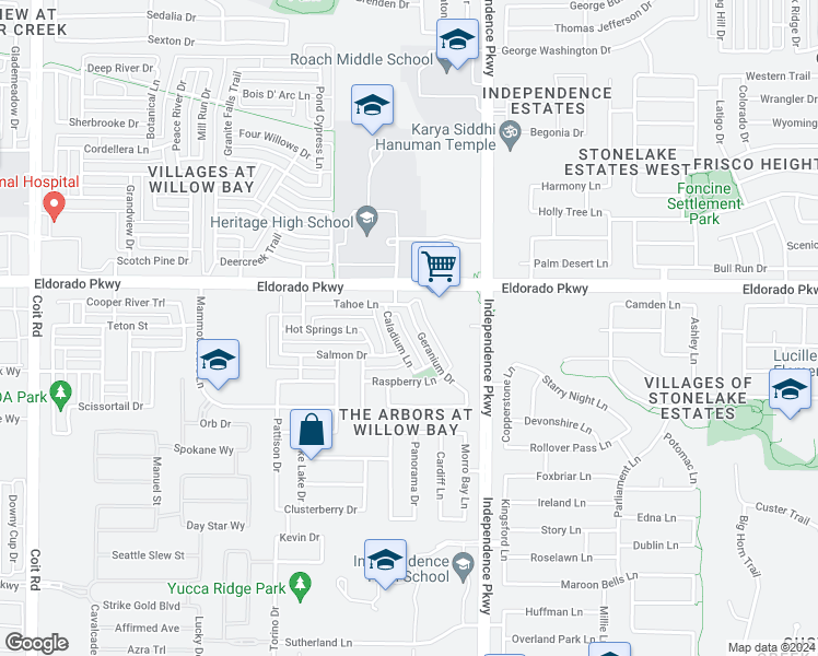 map of restaurants, bars, coffee shops, grocery stores, and more near 11487 Geranium Drive in Frisco