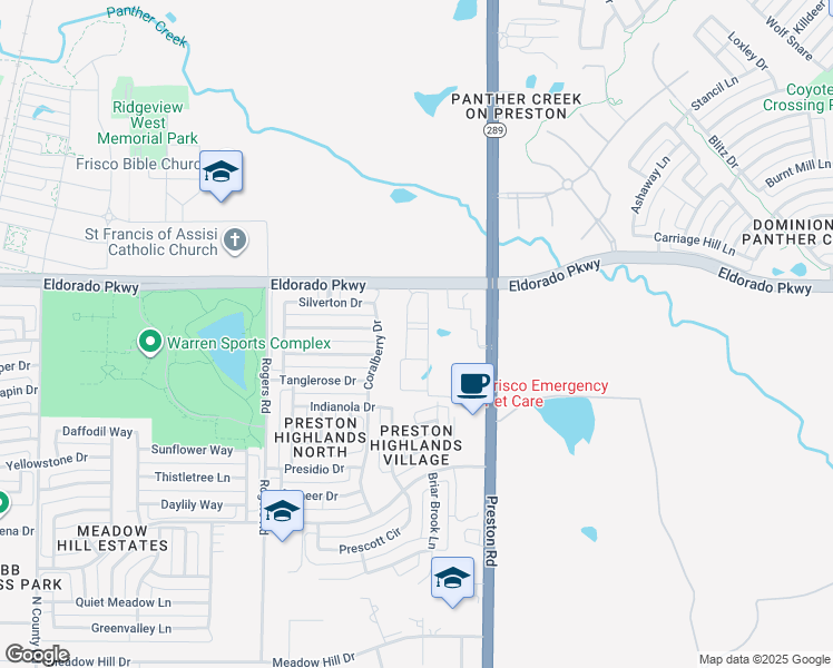 map of restaurants, bars, coffee shops, grocery stores, and more near 8811 Eldorado Parkway in Frisco