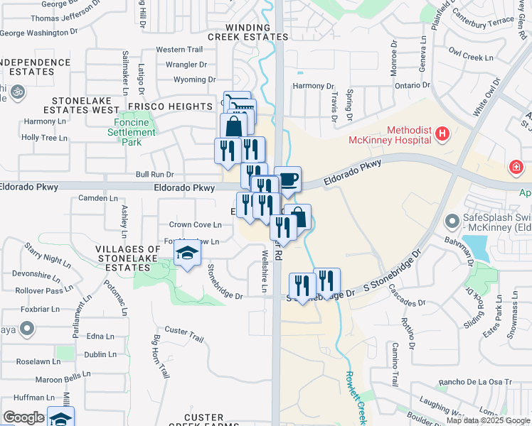 map of restaurants, bars, coffee shops, grocery stores, and more near 11625 Custer Road in Frisco